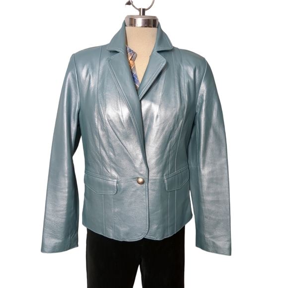 Worthington genuine leather silver blue size medium women's jacket Size M - Picture 13 of 13